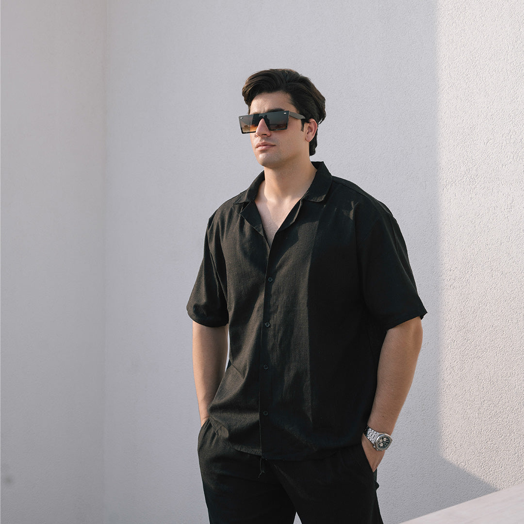 SIGNATURE LOOSE FIT RICH LINEN CORD SET - BLACK