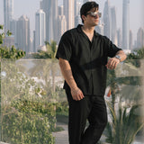 SIGNATURE LOOSE FIT RICH LINEN CORD SET - BLACK
