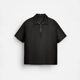 OVERSIZE TEXTURED ZIPPER POLO T-SHIRT - BLACK