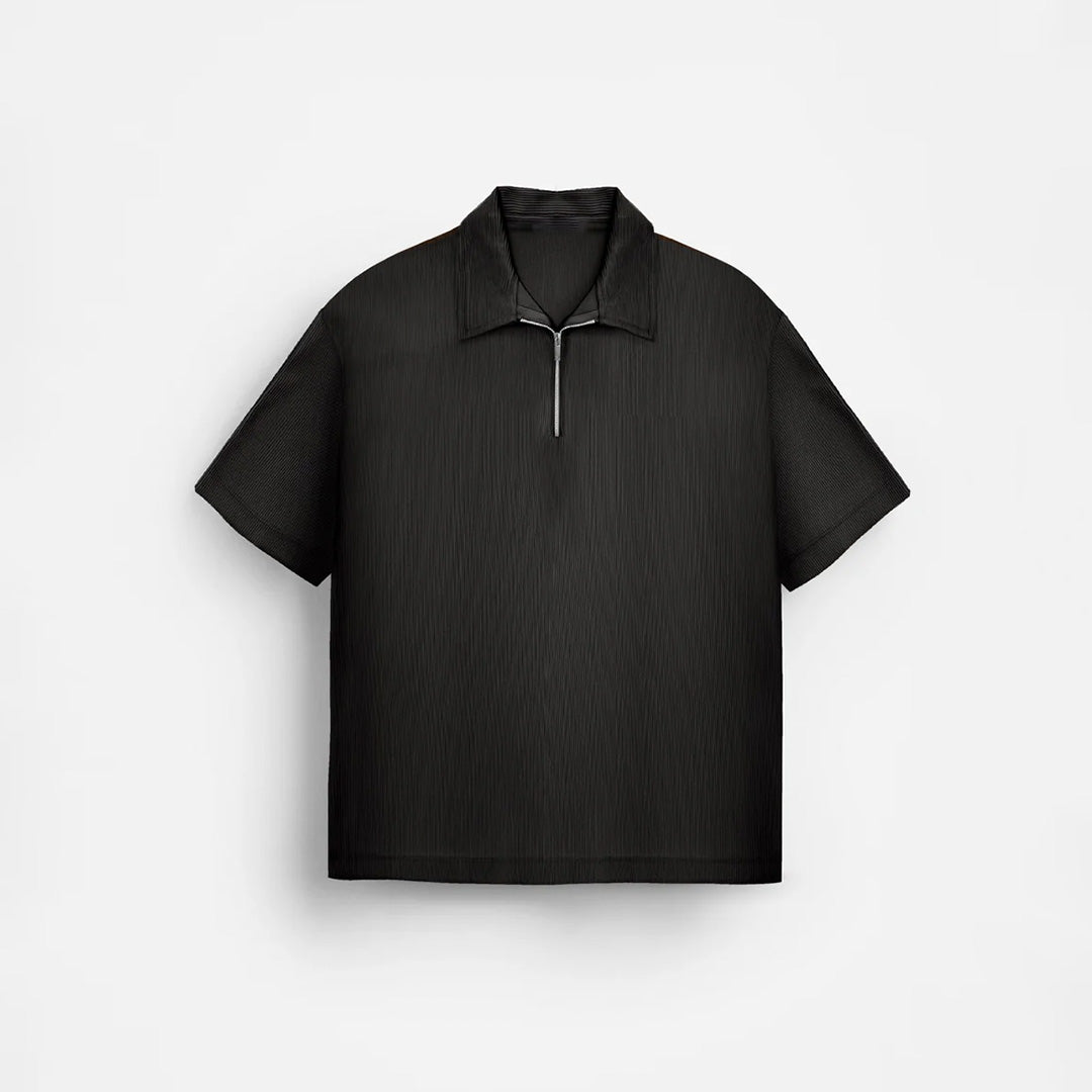 OVERSIZE TEXTURED ZIPPER POLO T-SHIRT - BLACK