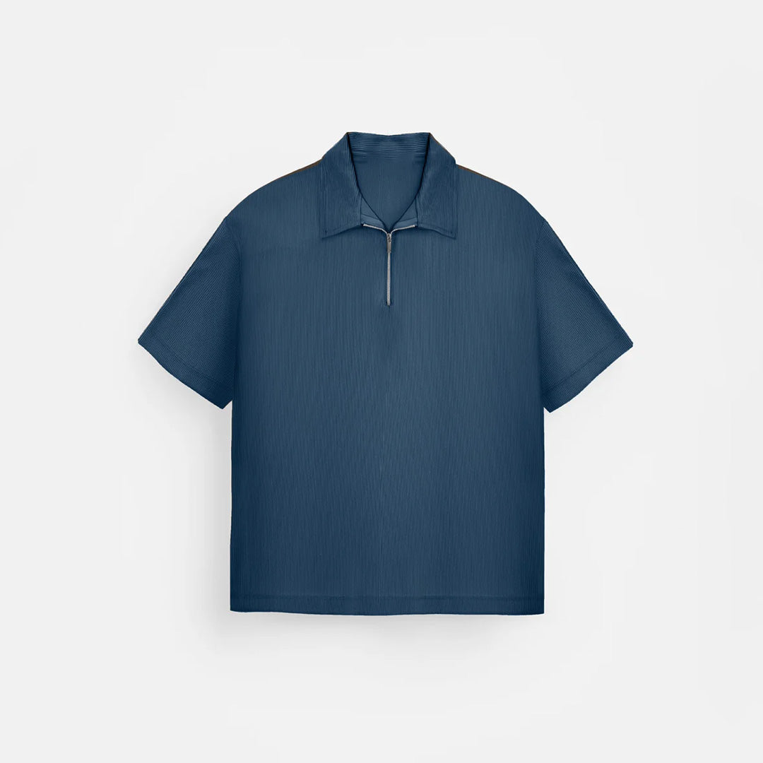 OVERSIZE TEXTURED ZIPPER POLO T-SHIRT - RAIN FOREST