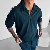 OVERSIZE TEXTURED ZIPPER POLO T-SHIRT - RAIN FOREST