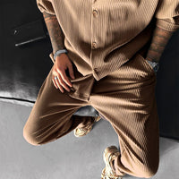 Oversize Pleated Open Collar Shirt & Pants Set - Brown