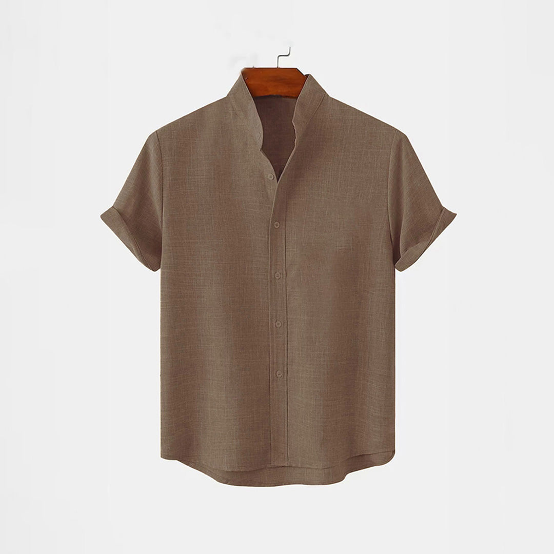 BAN COLLAR LINEN FULL PATTI SHIRT - BROWN