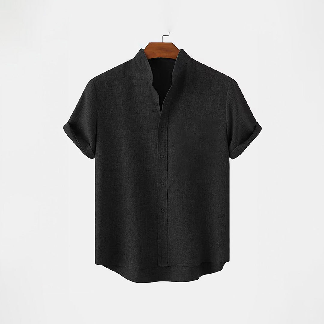 BAN COLLAR LINEN FULL PATTI SHIRT - BLACK