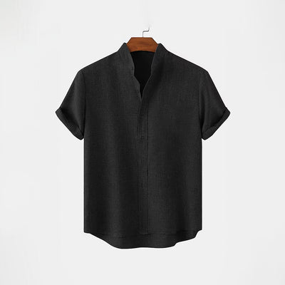 BAN COLLAR LINEN SHIRT - BLACK
