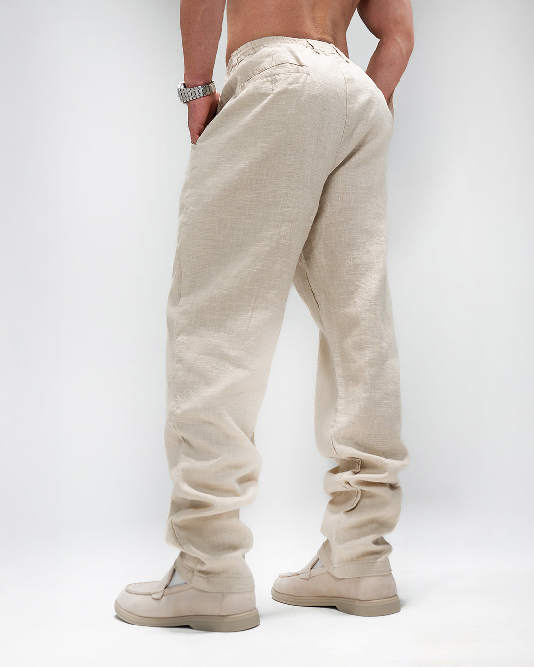 Men’s Beige Linen Drawstring Pants