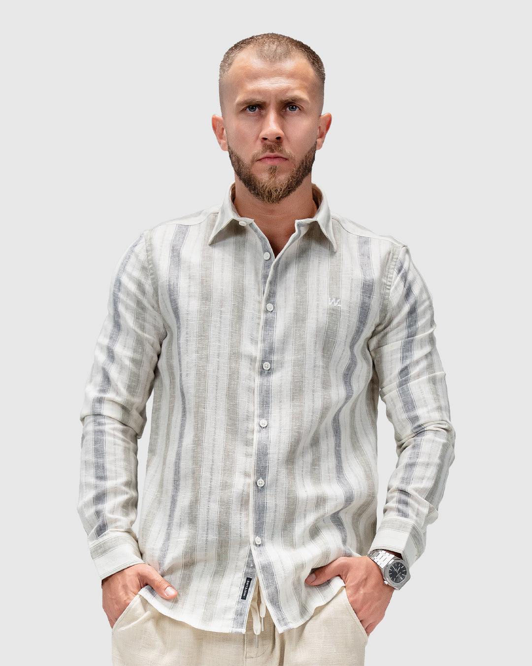 Men’s Beige & Grey Striped Linen Shirt