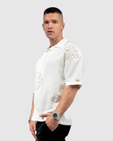 Men’s Cream Cuban Collar Shirt with Embroidered Floral Design