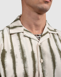 Men’s Cream Cuban Collar Shirt with Olive Green Vertical Stripes
