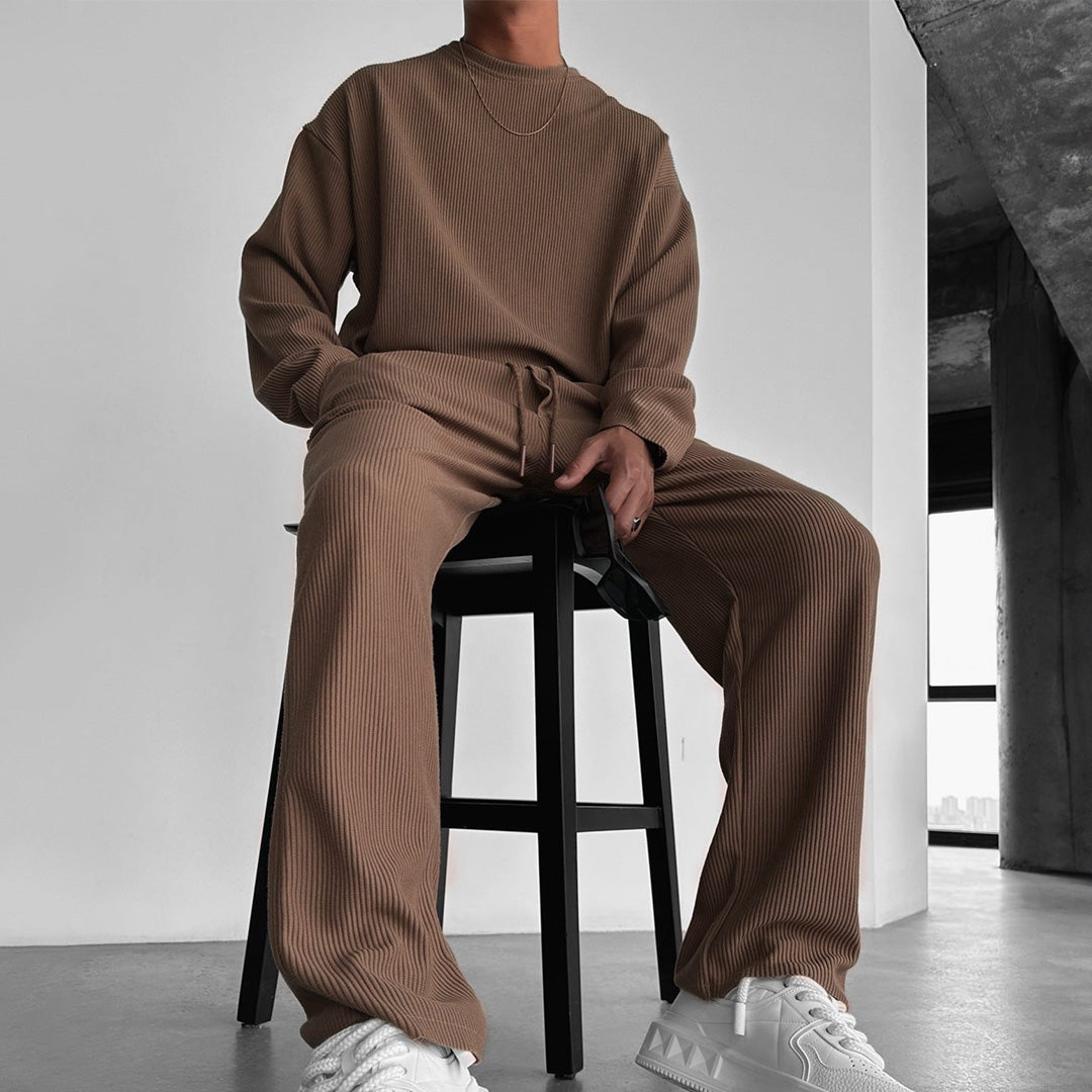 Oversized Full Sleeve O Neck T-Shirt & Trouser Set - Brown