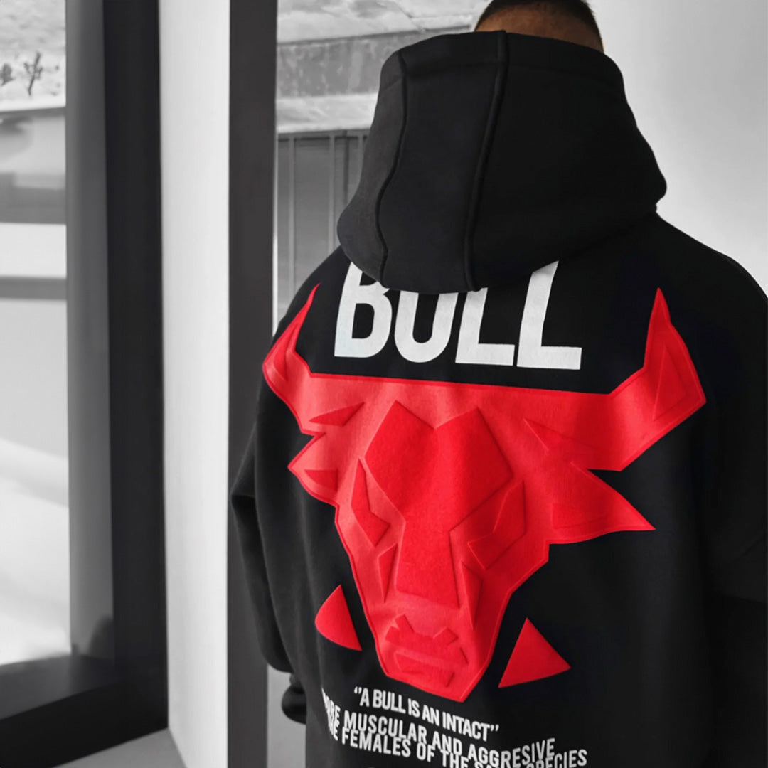 DROP SHOULDER PUFF PRINT BULL HOODIE - BLACK