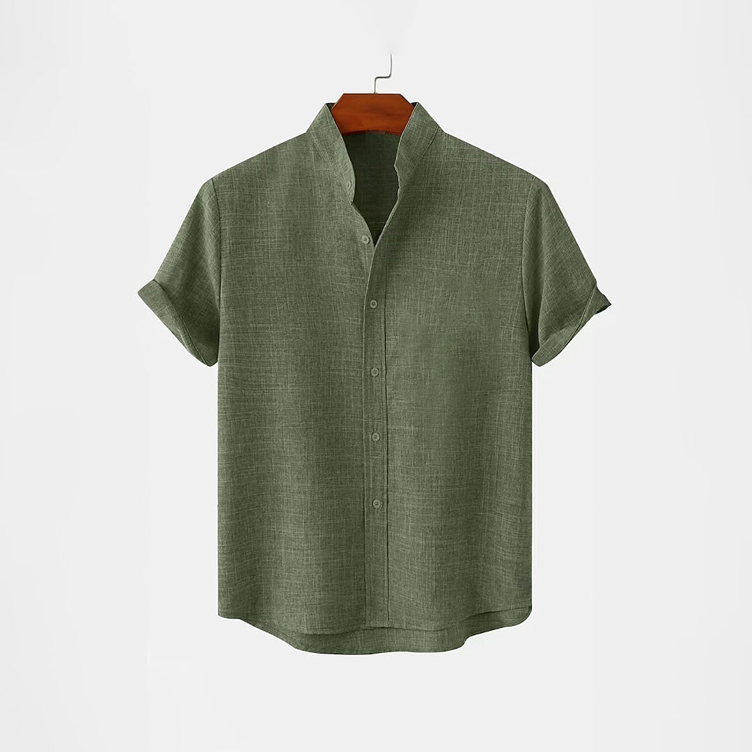 BAN COLLAR LINEN FULL PATTI SHIRT - GREEN