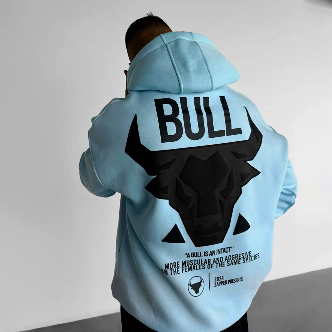 DROP SHOULDER PUFF PRINT BULL HOODIE - SKY BLUE