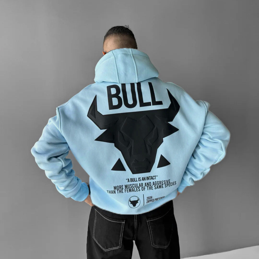 DROP SHOULDER PUFF PRINT BULL HOODIE - SKY BLUE