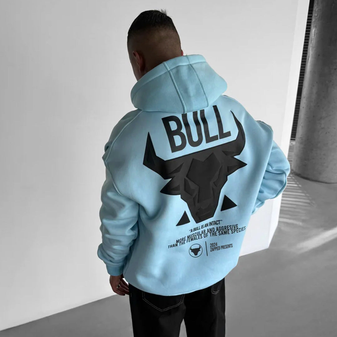 DROP SHOULDER PUFF PRINT BULL HOODIE - SKY BLUE