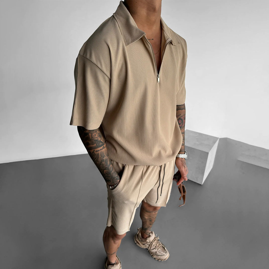 Men's Loose Fit Zipper Shirt & Short Set - Beige