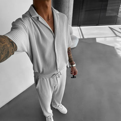 Oversize Pleated Open Collar Shirt & Pants Set - Gray