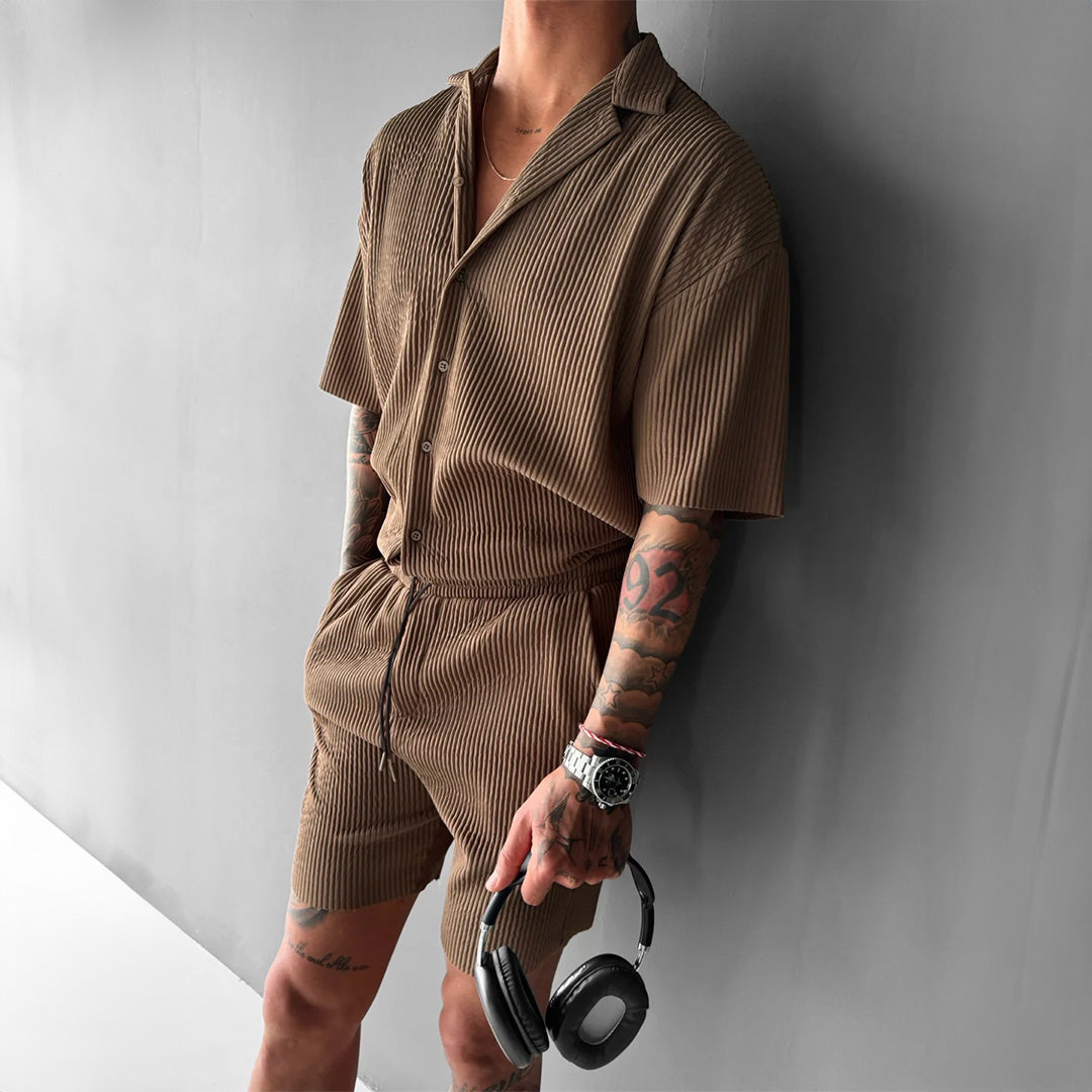 Oversize Pleated Open Collar Shirt & Short Set - Brown