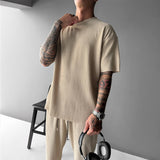 Oversized Quarter Sleeve  O Neck T-Shirt & Trouser Set - Beige