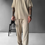 Oversized Quarter Sleeve  O Neck T-Shirt & Trouser Set - Beige