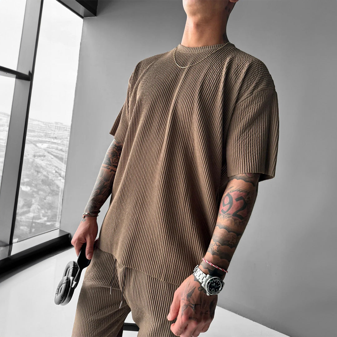 Oversized Quarter Sleeve  O Neck T-Shirt & Trouser Set - Brown