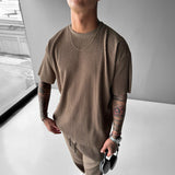 Oversized Quarter Sleeve  O Neck T-Shirt & Trouser Set - Brown