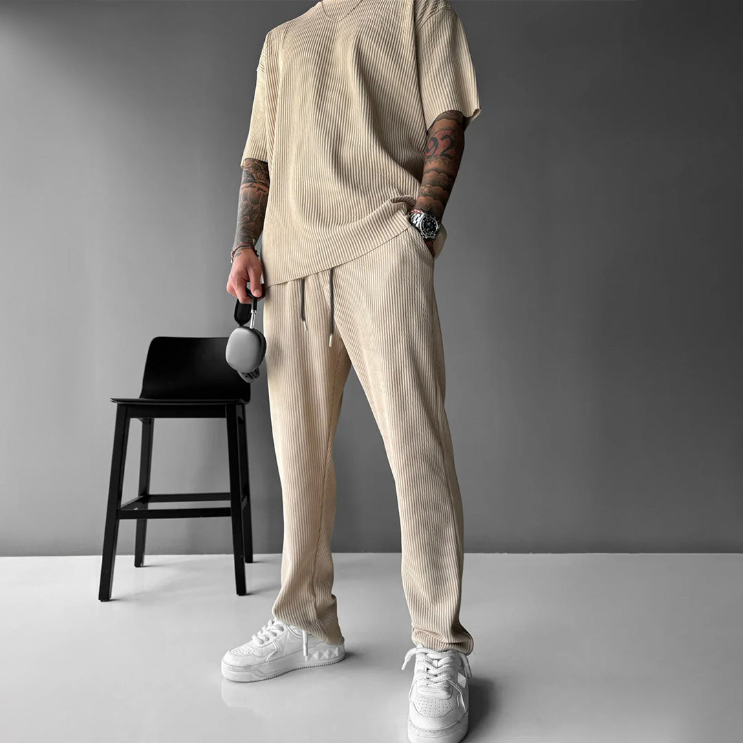 Oversized Quarter Sleeve  O Neck T-Shirt & Trouser Set - Beige