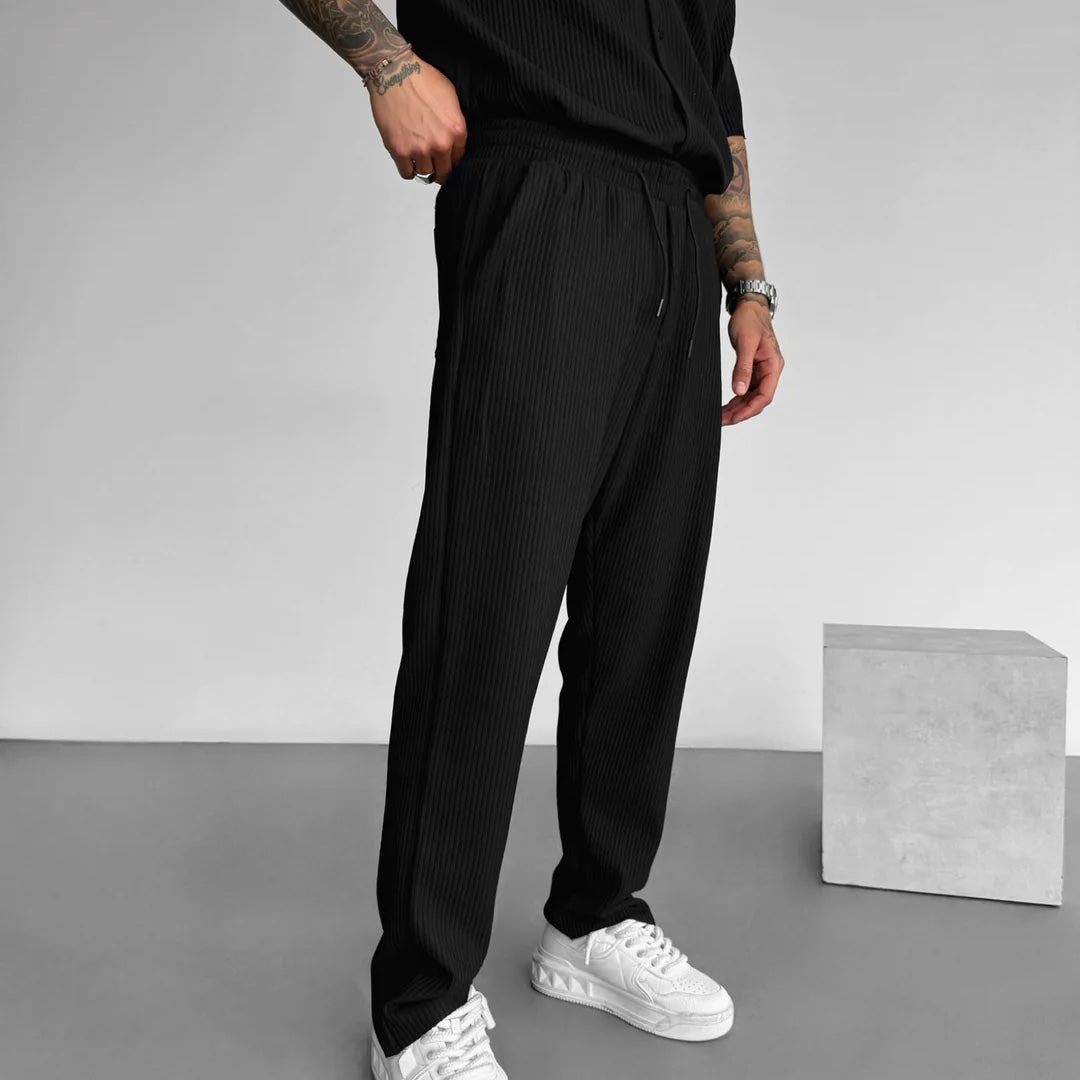 Oversize Pleated Open Collar Shirt & Trouser Set - Black