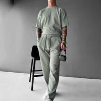 Oversized Quarter Sleeve  O Neck T-Shirt & Trouser Set - Tea Green