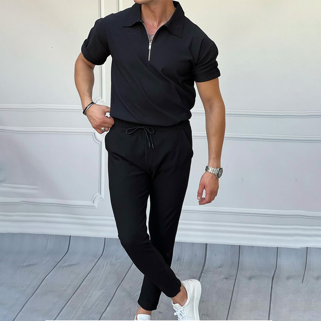 Men's Loose Fit Zipper Shirt & Trouser Set - Black