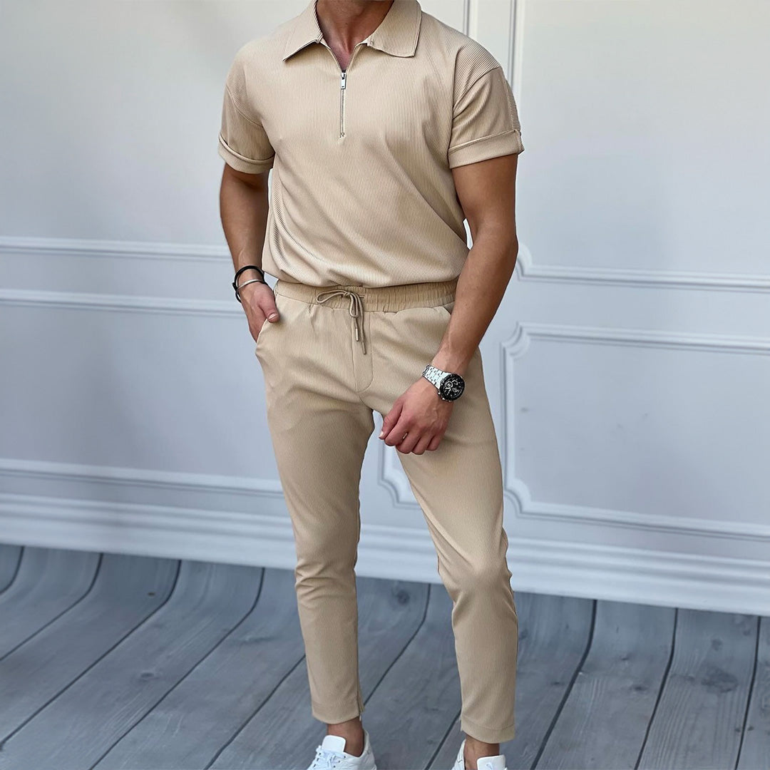 Men's Loose Fit Zipper Shirt & Trouser Set - Beige