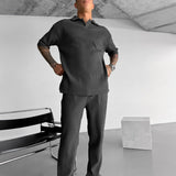 Loose Fit Polo T-Shirt & Trouser Cord Set - Anthracite Gray