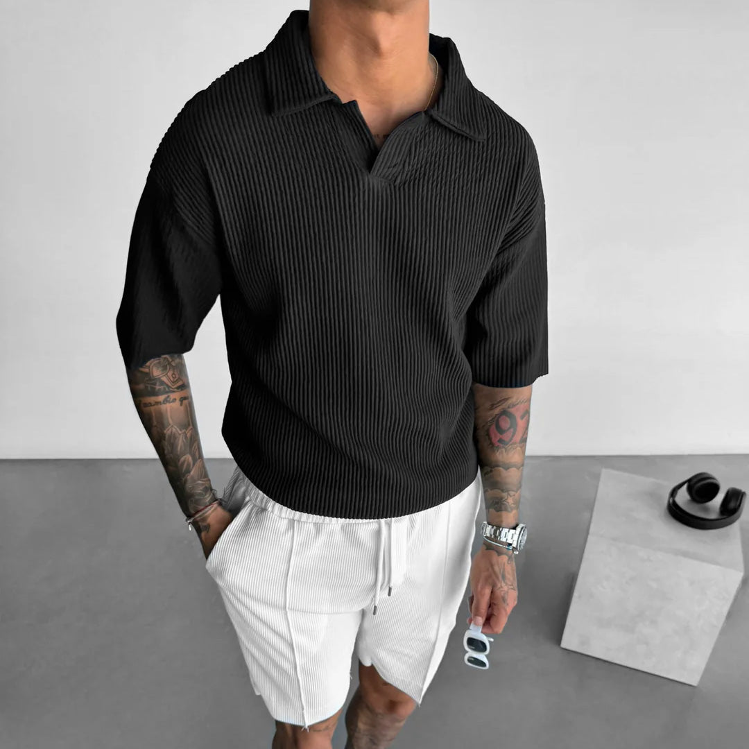 OVERSIZE RIBBED POLO T-SHIRT - BLACK