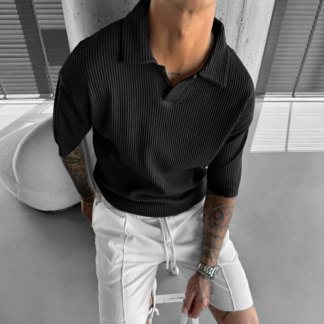 OVERSIZE RIBBED POLO T-SHIRT - BLACK