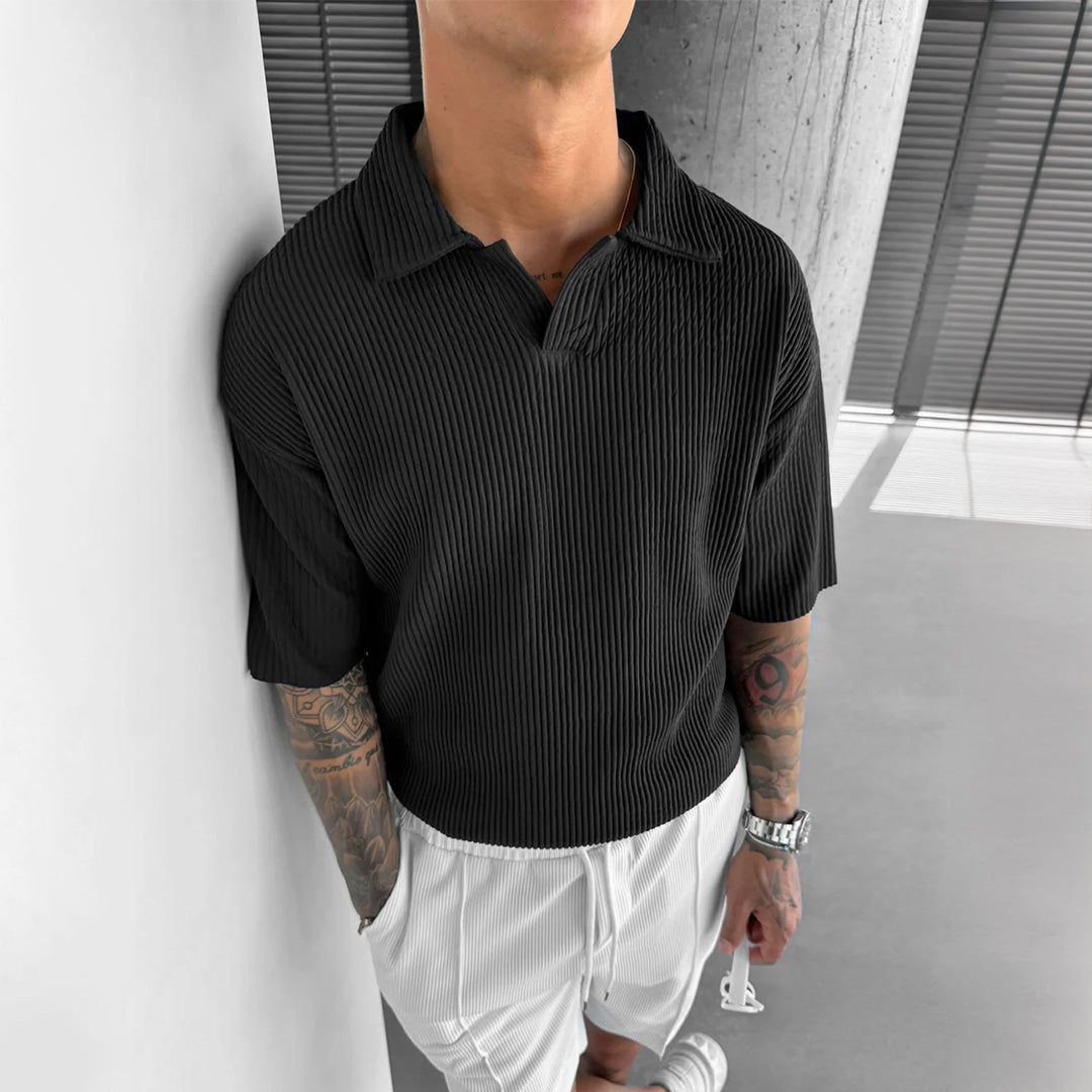 OVERSIZE RIBBED POLO T-SHIRT - BLACK