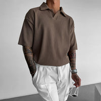 OVERSIZE RIBBED POLO T-SHIRT - BROWN