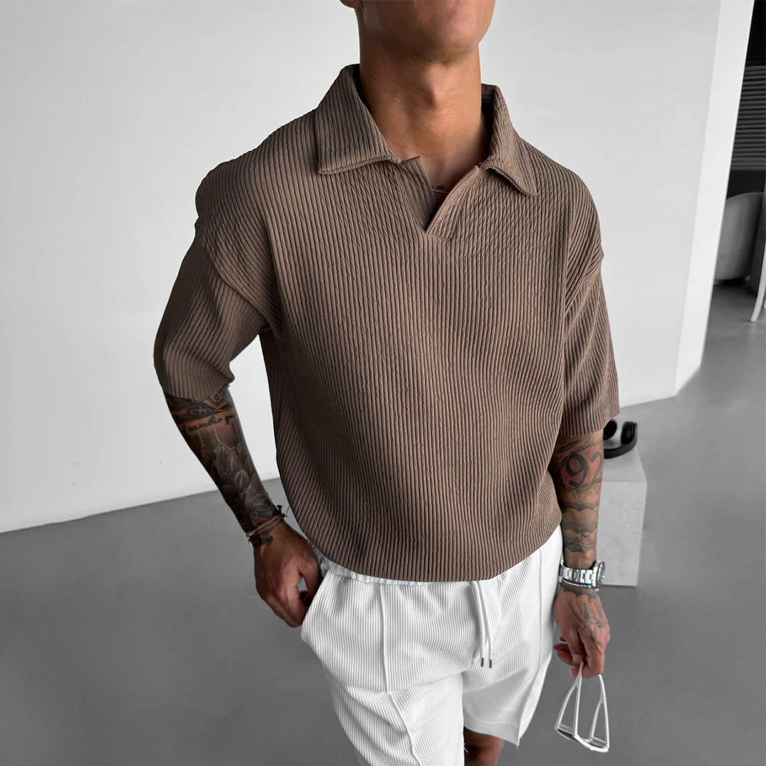 OVERSIZE RIBBED POLO T-SHIRT - BROWN