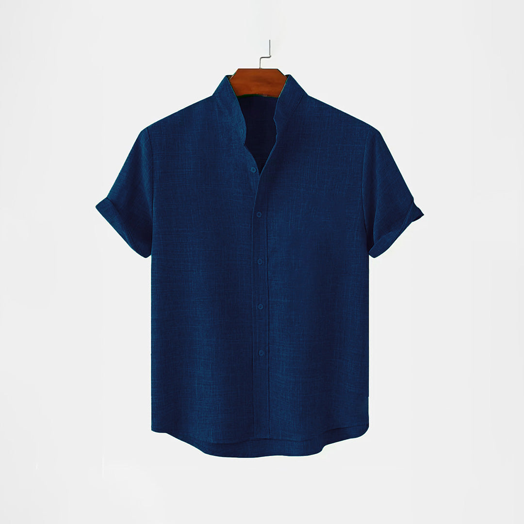 BAN COLLAR LINEN FULL PATTI SHIRT - NAVY BLUE