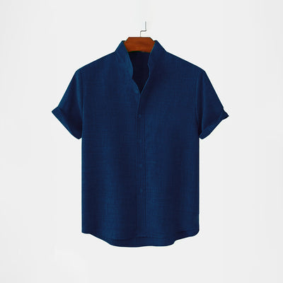 BAN COLLAR LINEN SHIRT - NAVY BLUE