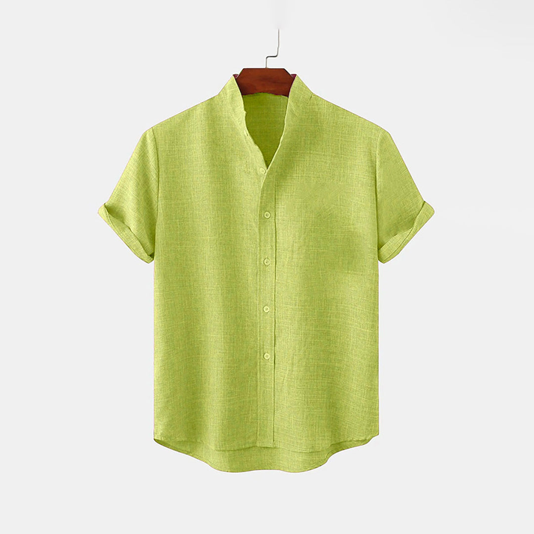 BAN COLLAR LINEN FULL PATTI SHIRT - OLIVE