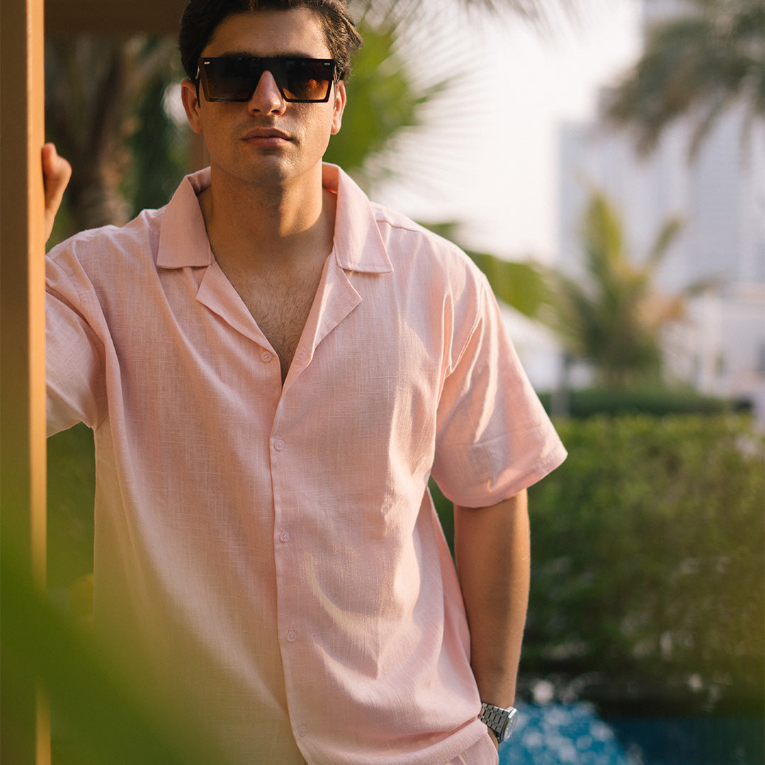 RELAXED FIT BOWLING LINEN SHIRT - PEACH