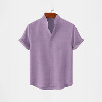 BAN COLLAR LINEN FULL PATTI SHIRT - PURPLE