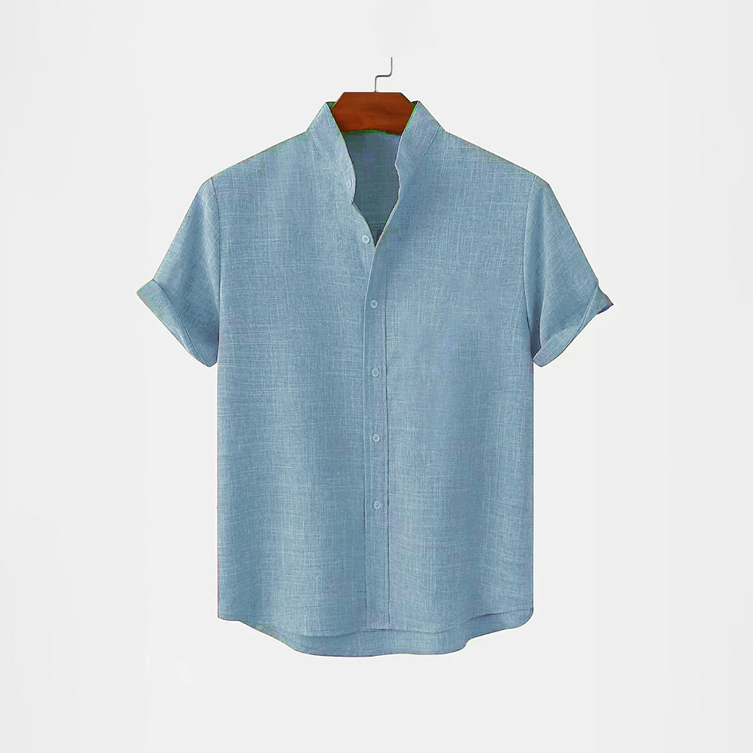 BAN COLLAR LINEN FULL PATTI SHIRT - SKY BLUE