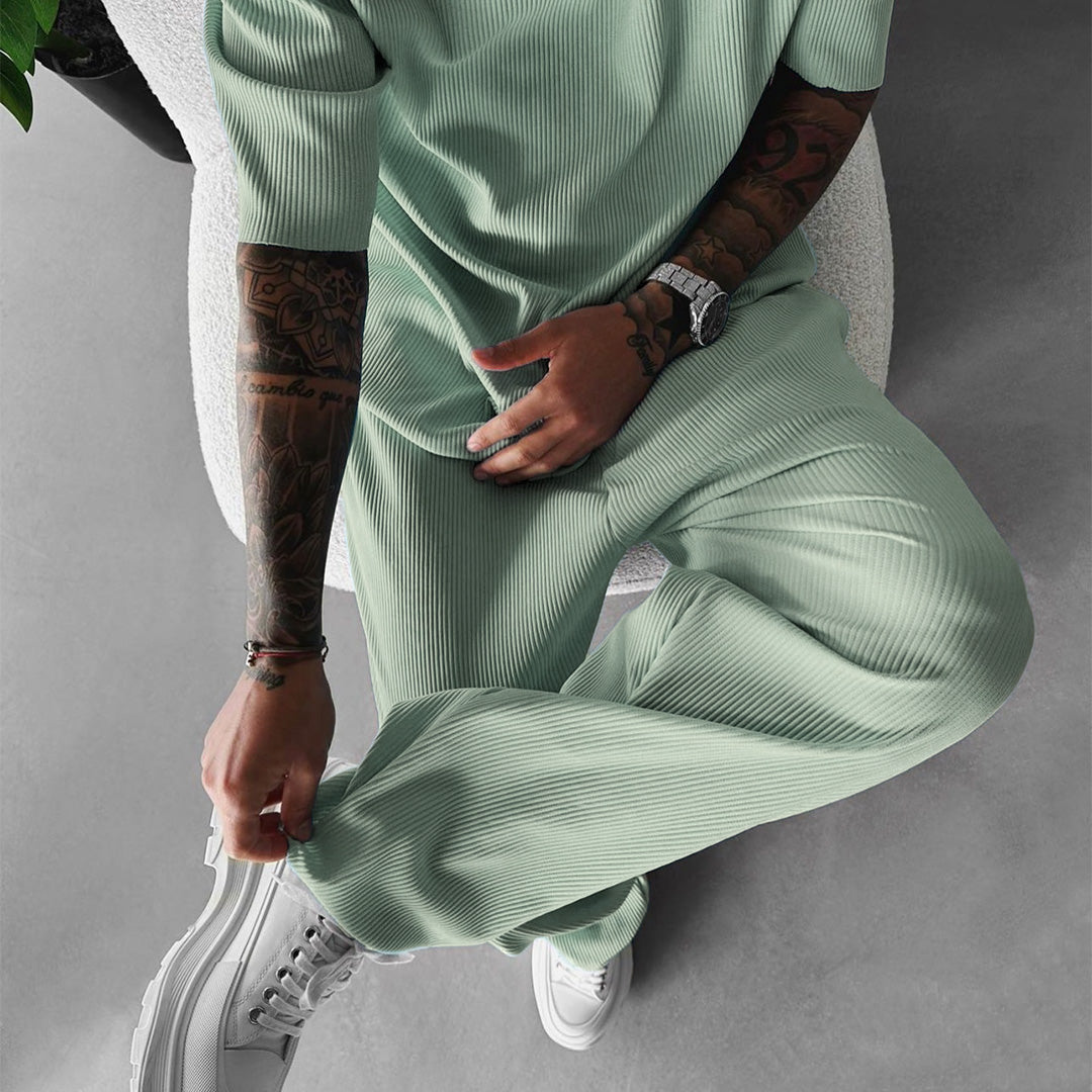 Oversized Quarter Sleeve  O Neck T-Shirt & Trouser Set - Tea Green