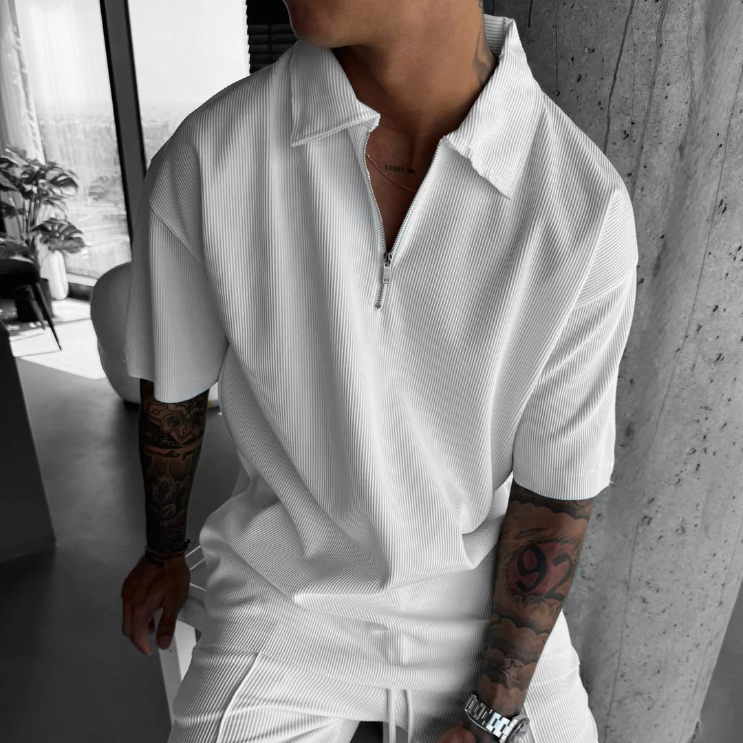 OVERSIZE TEXTURED ZIPPER POLO T-SHIRT - WHITE