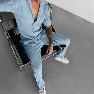 Oversize Pleated Open Collar Shirt & Pants Set - Coronet Blue
