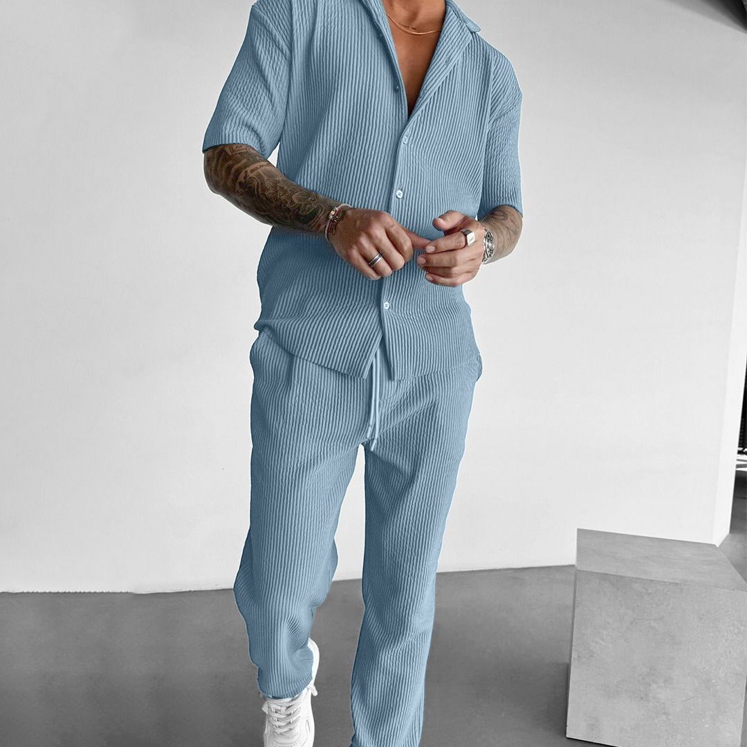 Oversize Pleated Open Collar Shirt & Pants Set - Coronet Blue