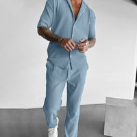 Oversize Pleated Open Collar Shirt & Pants Set - Coronet Blue