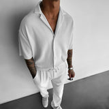 Oversize Pleated Open Collar Shirt & Pants Set - White